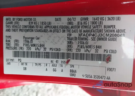 2012 Ford Fiesta Sel from USA, damaged, VIN 3FADP4CJ3CM208048